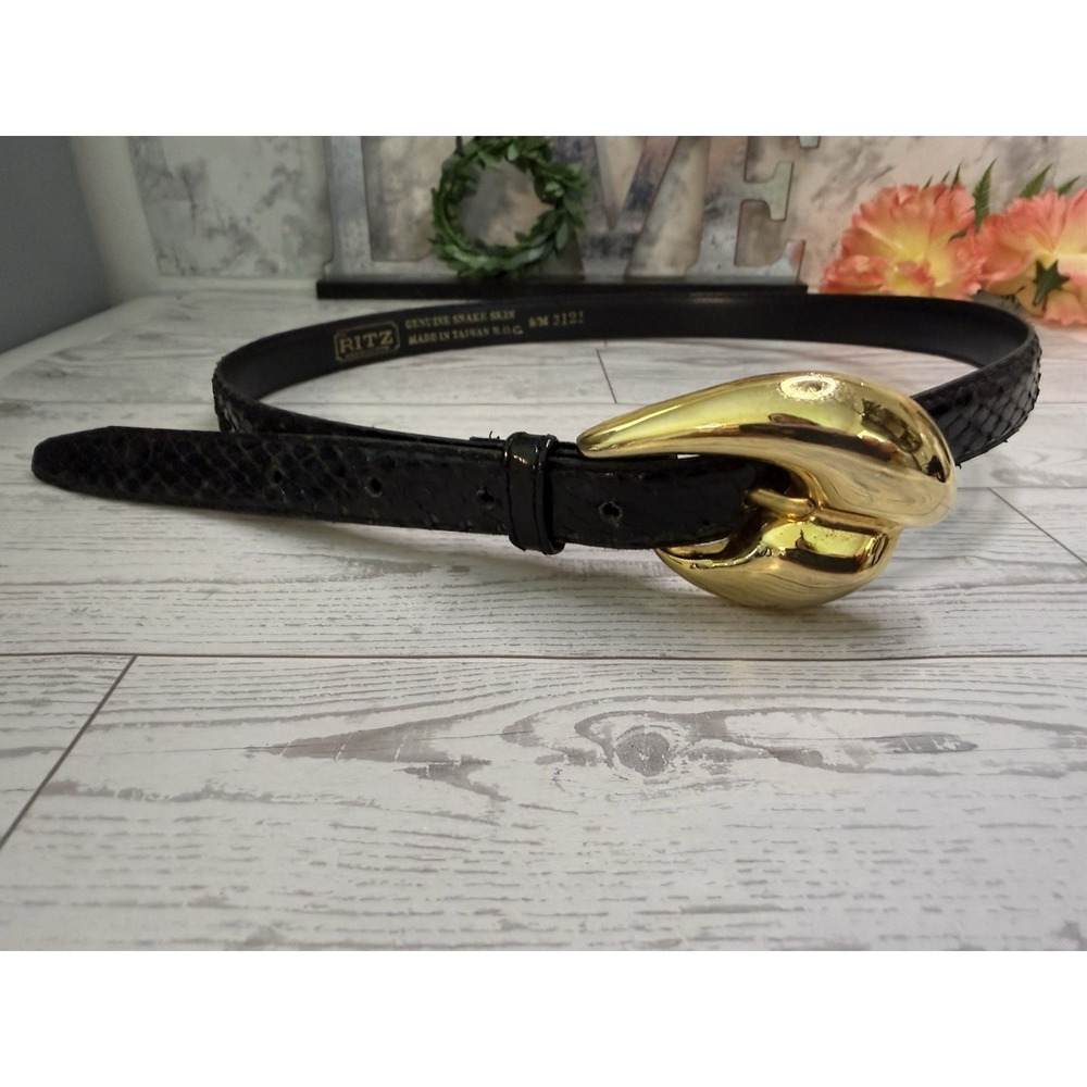 Vintage Ritz Genuine Black Snake Skin Gold Buckle Belt Women's S/M Taiwan R.O.C.